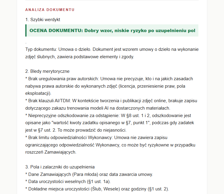 Fragment rzeczywistej analizy Audytora Umowy AI